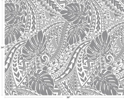 Polynesian Tribal Monstera Fabric – White & Grey Poly Cotton Blend Fabric, 44” Wide Island Print by the Yard