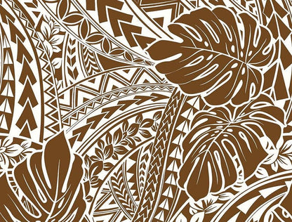 Polynesian Tribal Monstera Fabric – Brown & White Poly Cotton Blend Fabric, 44” Wide Island Print by the Yard