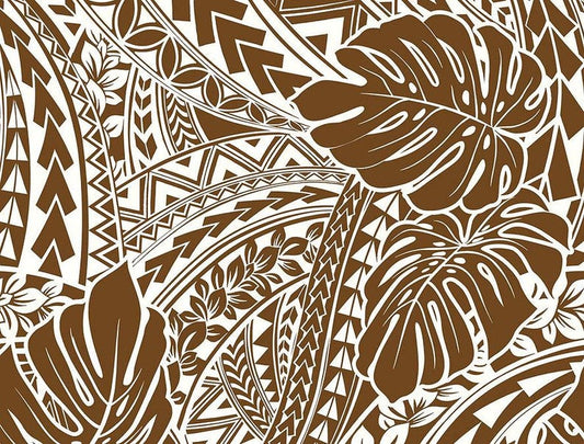 Polynesian Tribal Monstera Fabric – Brown & White Poly Cotton Blend Fabric, 44” Wide Island Print by the Yard
