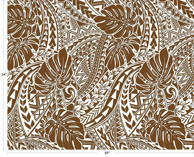 Polynesian Tribal Monstera Fabric – Brown & White Poly Cotton Blend Fabric, 44” Wide Island Print by the Yard