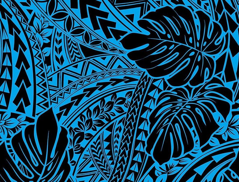 Polynesian Tribal Monstera Fabric – Turquoise & Black Poly Cotton Blend Fabric, 44” Wide Island Print by the Yard