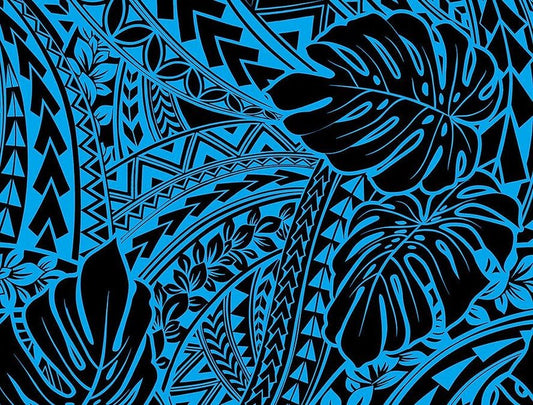 Polynesian Tribal Monstera Fabric – Turquoise & Black Poly Cotton Blend Fabric, 44” Wide Island Print by the Yard