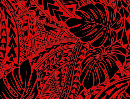Polynesian Tribal Monstera Fabric – Red & Black Poly Cotton Blend Fabric, 44” Wide Island Print by the Yard