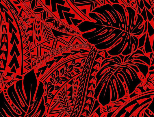 Polynesian Tribal Monstera Fabric – Red & Black Poly Cotton Blend Fabric, 44” Wide Island Print by the Yard