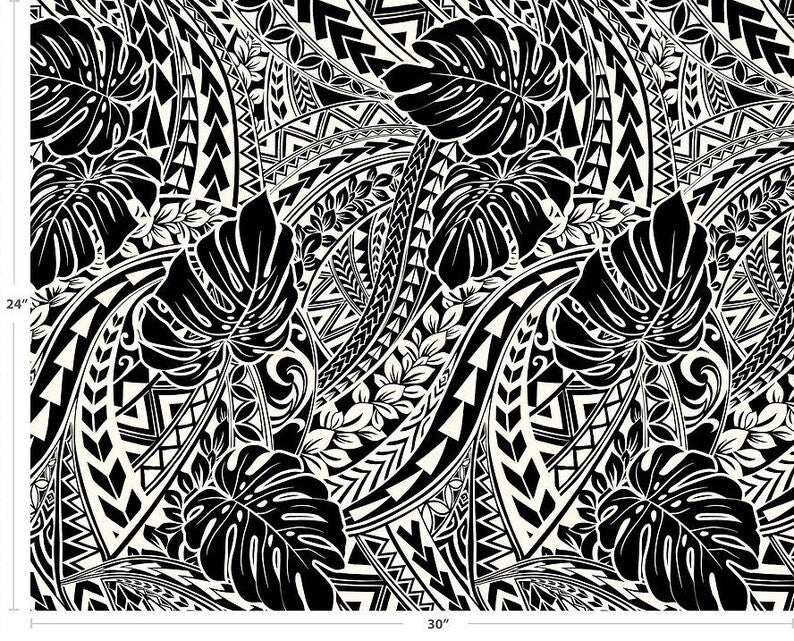 Polynesian Tribal Monstera Fabric – Black & Beige Poly Cotton Blend Fabric, 44” Wide Island Print by the Yard