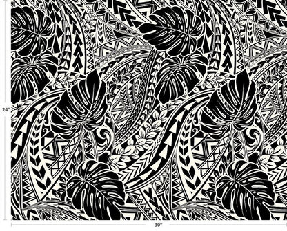Polynesian Tribal Monstera Fabric – Black & Beige Poly Cotton Blend Fabric, 44” Wide Island Print by the Yard