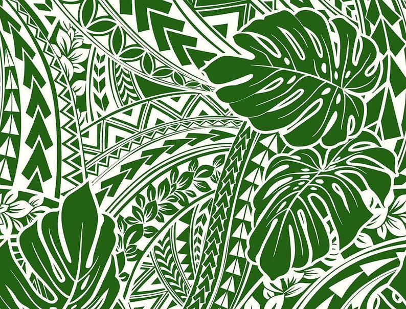Polynesian Tribal Monstera Fabric – Green & White Poly Cotton Blend Fabric, 44” Wide Island Print by the Yard