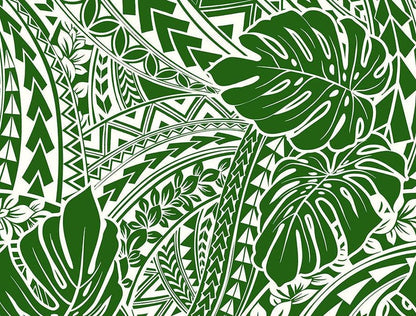 Polynesian Tribal Monstera Fabric – Green & White Poly Cotton Blend Fabric, 44” Wide Island Print by the Yard
