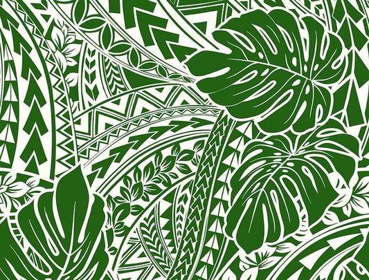 Polynesian Tribal Monstera Fabric – Green & White Poly Cotton Blend Fabric, 44” Wide Island Print by the Yard