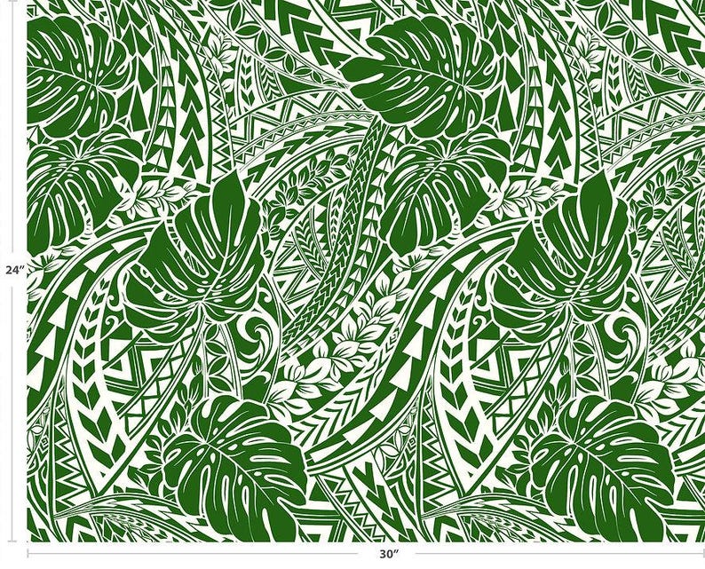 Polynesian Tribal Monstera Fabric – Green & White Poly Cotton Blend Fabric, 44” Wide Island Print by the Yard