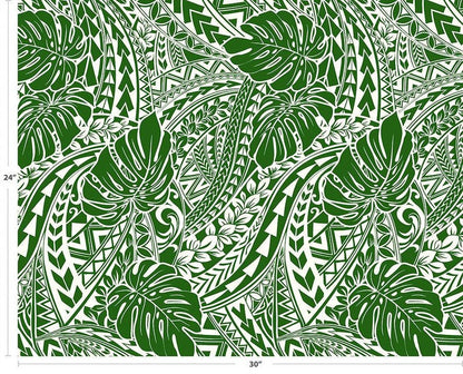 Polynesian Tribal Monstera Fabric – Green & White Poly Cotton Blend Fabric, 44” Wide Island Print by the Yard