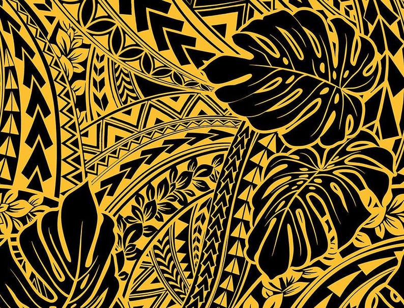 Polynesian Tribal Monstera Fabric – Yellow Gold Poly Cotton Blend Fabric, 44” Wide Island Print by the Yard