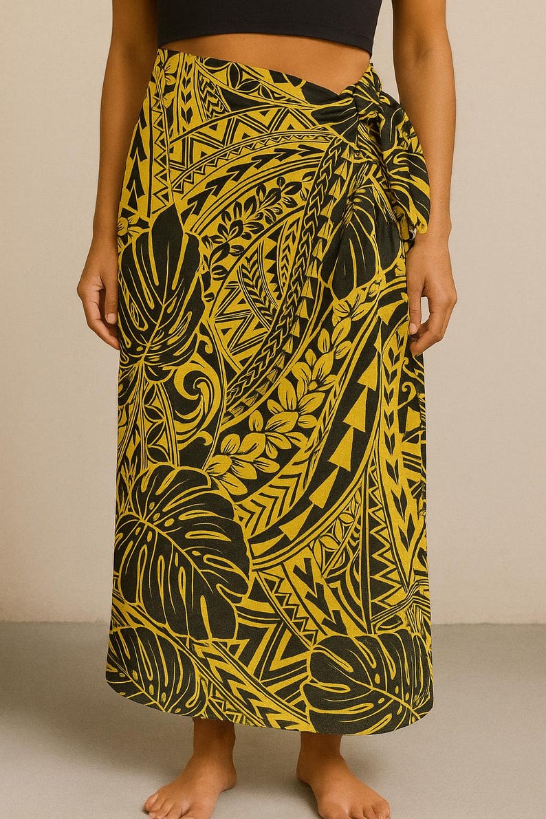 Polynesian Tribal Monstera Fabric – Yellow Gold Poly Cotton Blend Fabric, 44” Wide Island Print by the Yard