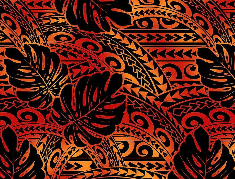 Polynesian Tribal Tattoo Monstera Fabric – Red & Black 100% Cotton Fabric, 44” Wide Island Print by the Yard