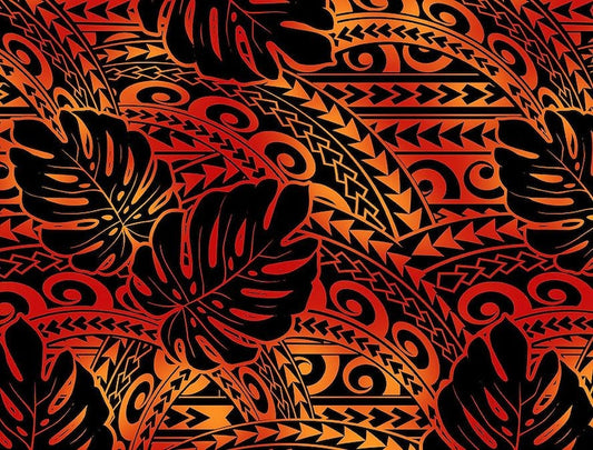 Polynesian Tribal Tattoo Monstera Fabric – Red & Black 100% Cotton Fabric, 44” Wide Island Print by the Yard