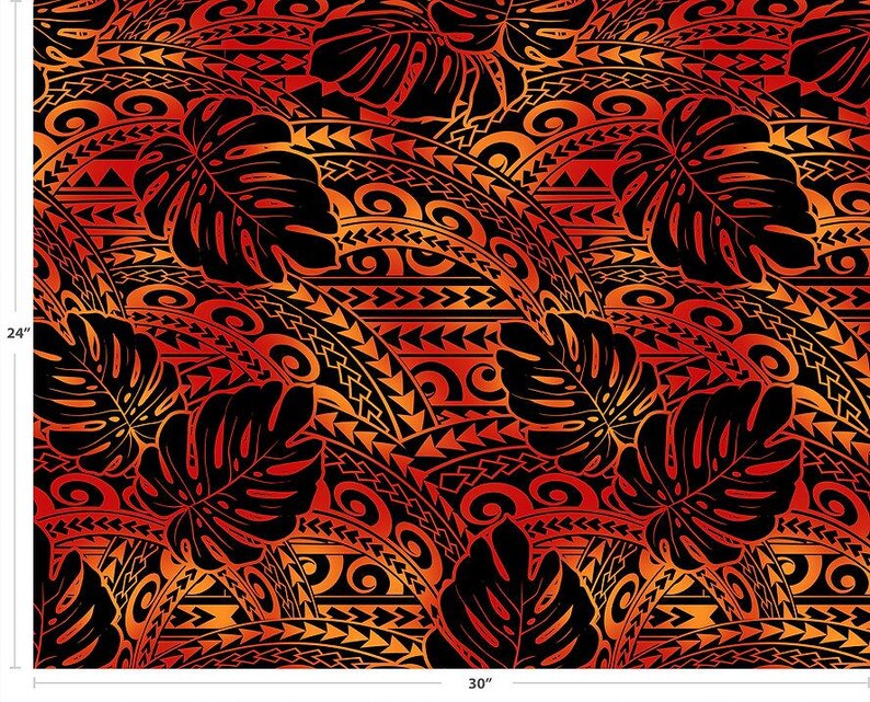 Polynesian Tribal Tattoo Monstera Fabric – Red & Black 100% Cotton Fabric, 44” Wide Island Print by the Yard