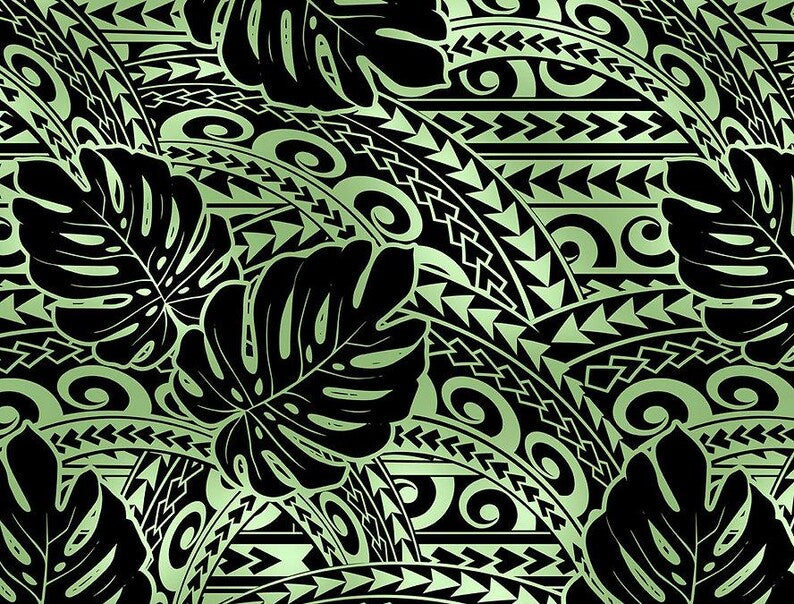 Polynesian Tribal Tattoo Monstera Fabric – Sage Green & Black 100% Cotton Fabric, 44” Wide Island Print by the Yard