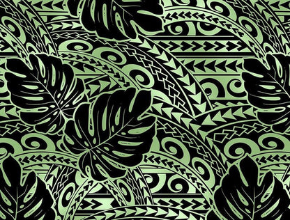 Polynesian Tribal Tattoo Monstera Fabric – Sage Green & Black 100% Cotton Fabric, 44” Wide Island Print by the Yard
