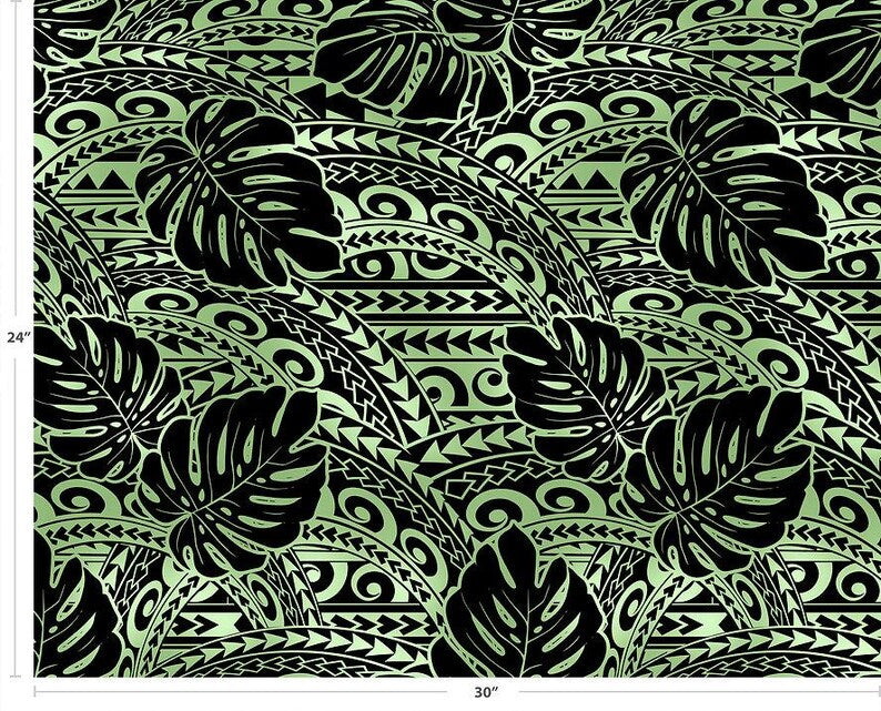 Polynesian Tribal Tattoo Monstera Fabric – Sage Green & Black 100% Cotton Fabric, 44” Wide Island Print by the Yard