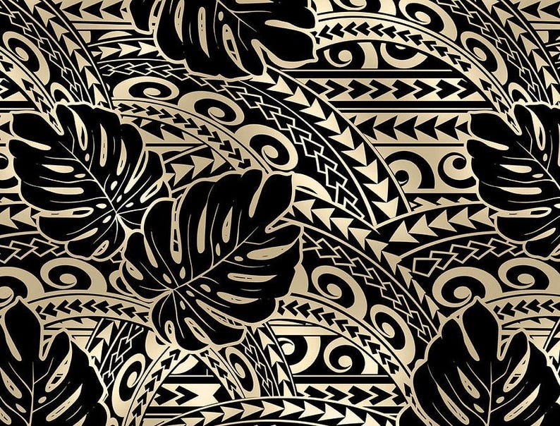 Polynesian Tribal Tattoo Monstera Fabric – Champagne Brown & Black 100% Cotton Fabric, 44” Wide Island Print by the Yard