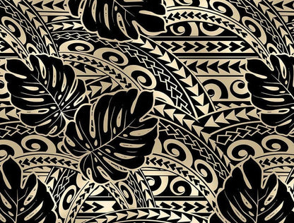Polynesian Tribal Tattoo Monstera Fabric – Champagne Brown & Black 100% Cotton Fabric, 44” Wide Island Print by the Yard