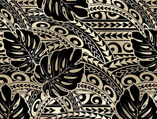 Polynesian Tribal Tattoo Monstera Fabric – Champagne Brown & Black 100% Cotton Fabric, 44” Wide Island Print by the Yard