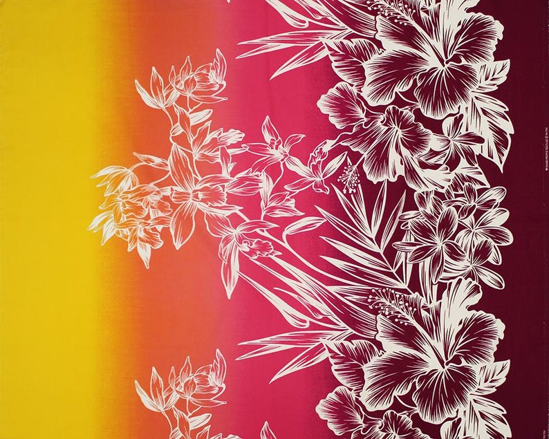 Polynesian Floral Border Fabric – Hibiscus, Plumeria, Bird of Paradise, Orchid & Palm Leaves Poly Cotton Blend, 44” Wide, Sold by the Yard | G-tex Fabrics