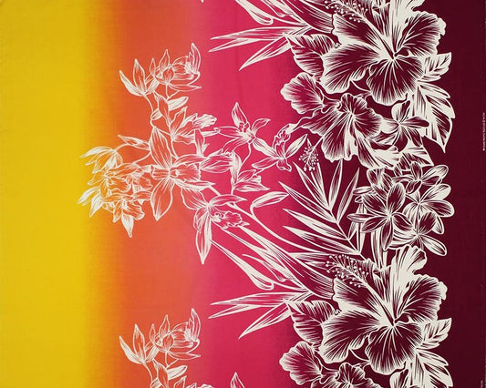 Polynesian Floral Border Fabric – Hibiscus, Plumeria, Bird of Paradise, Orchid & Palm Leaves Poly Cotton Blend, 44” Wide, Sold by the Yard | G-tex Fabrics