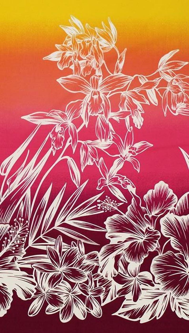 Polynesian Floral Border Fabric – Hibiscus, Plumeria, Bird of Paradise, Orchid & Palm Leaves Poly Cotton Blend, 44” Wide, Sold by the Yard | G-tex Fabrics