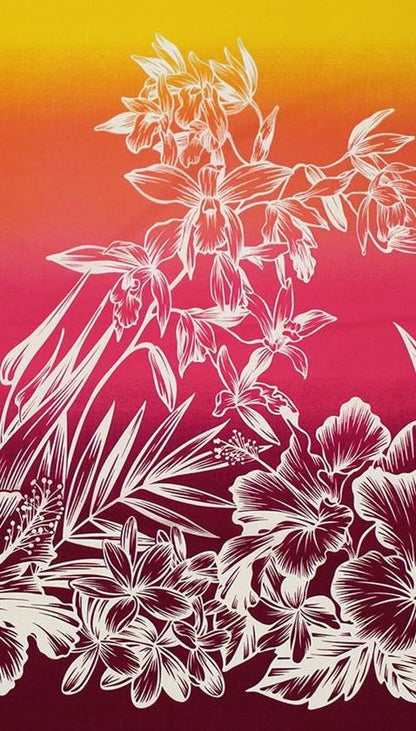 Polynesian Floral Border Fabric – Hibiscus, Plumeria, Bird of Paradise, Orchid & Palm Leaves Poly Cotton Blend, 44” Wide, Sold by the Yard | G-tex Fabrics