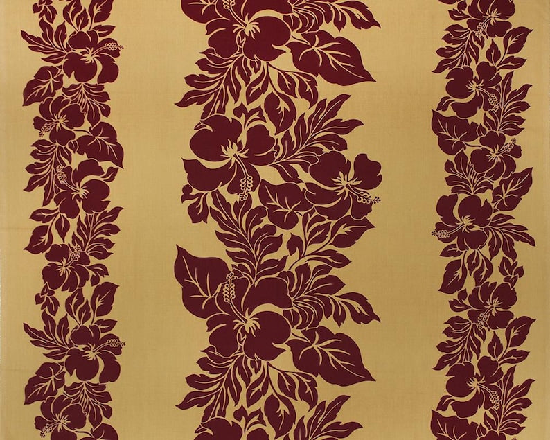 Polynesian Hibiscus Fabric – Champagne & Burgundy Poly Cotton Blend, 44” Wide, Sold by the Yard | G-tex Fabrics