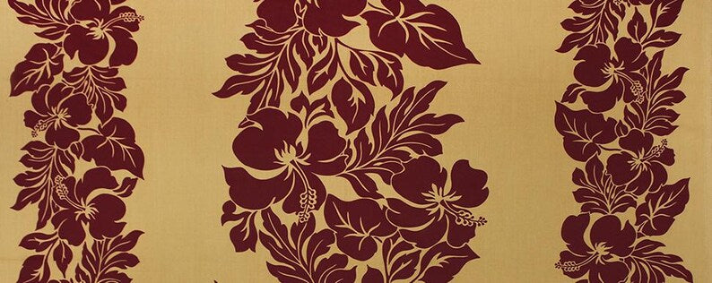 Polynesian Hibiscus Fabric – Champagne & Burgundy Poly Cotton Blend, 44” Wide, Sold by the Yard | G-tex Fabrics