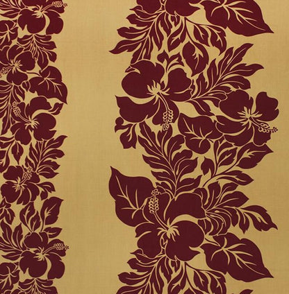 Polynesian Hibiscus Fabric – Champagne & Burgundy Poly Cotton Blend, 44” Wide, Sold by the Yard | G-tex Fabrics