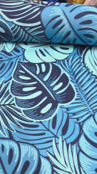 Polynesian Hawaiian Island Fabric 45" Poly Cotton Fabric Monstera Leafs - Sold By The Yard | Blue Color