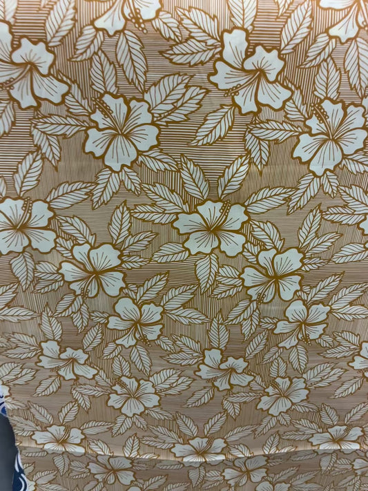 Hibiscus & Leaf Fabric – Gold and Begie Poly Cotton Blend Fabric, 44” Wide Tropical Island Print by the Yard