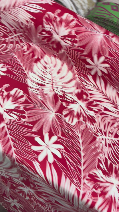 Polynesian Hawaiian Island Fabric 45" Poly Cotton Fabric Monstera & Hibiscus Print- Sold By The Yard | Red & White Color